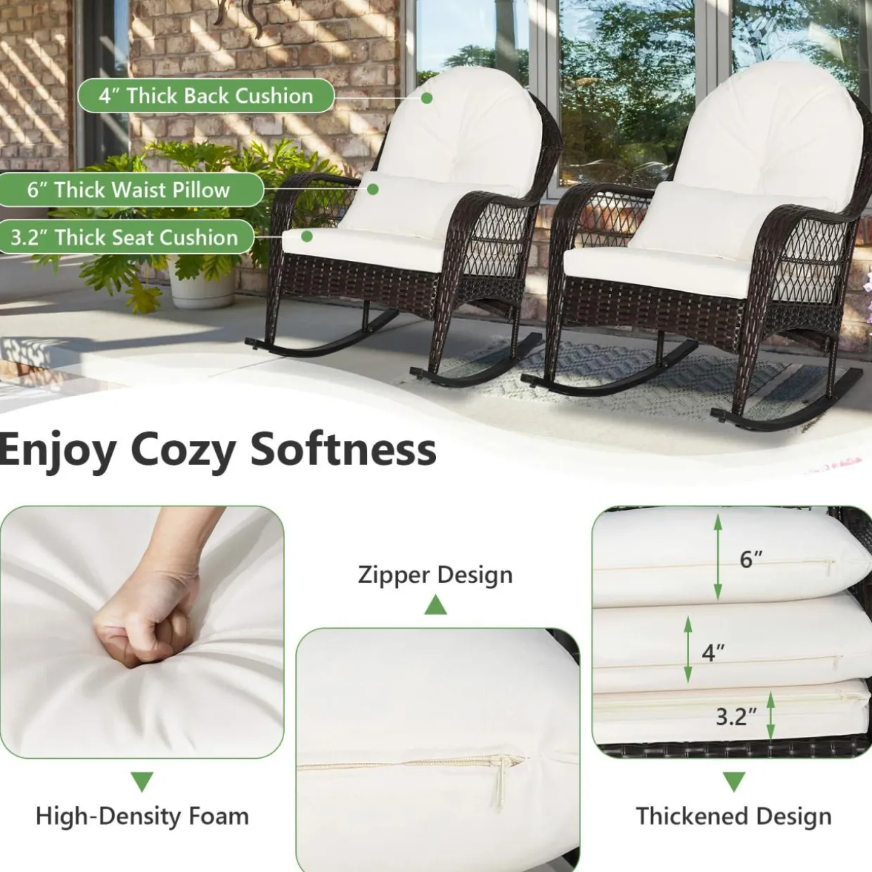 Patio Wicker Rocking Chair, Outdoor PE Rattan Rocker with Seat and Back Cushion