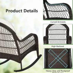 Patio Wicker Rocking Chair, Outdoor PE Rattan Rocker with Seat and Back Cushion