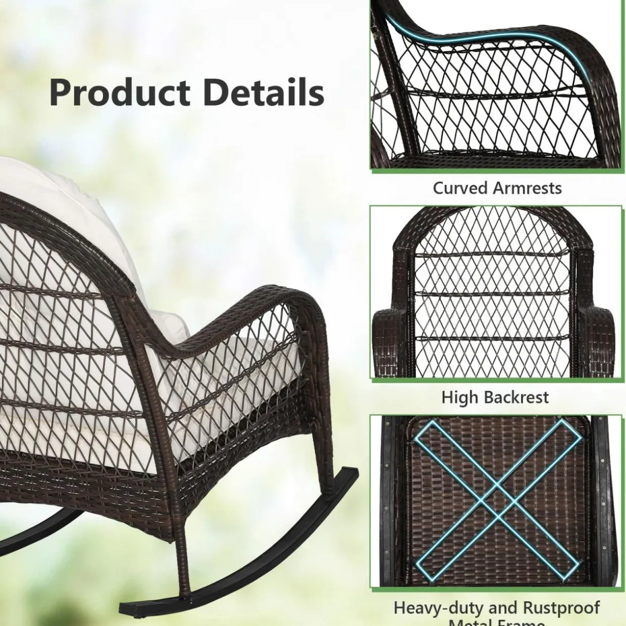 Patio Wicker Rocking Chair, Outdoor PE Rattan Rocker with Seat and Back Cushion