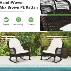 Patio Wicker Rocking Chair, Outdoor PE Rattan Rocker with Seat and Back Cushion