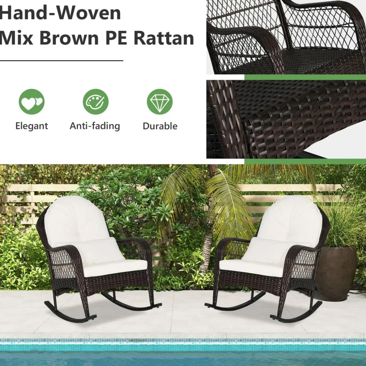 Patio Wicker Rocking Chair, Outdoor PE Rattan Rocker with Seat and Back Cushion