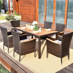 7 PCS Outdoor Patio Dining Set, Garden Dining Set w/Acacia Wood Table Top