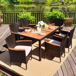 7 PCS Outdoor Patio Dining Set, Garden Dining Set w/Acacia Wood Table Top