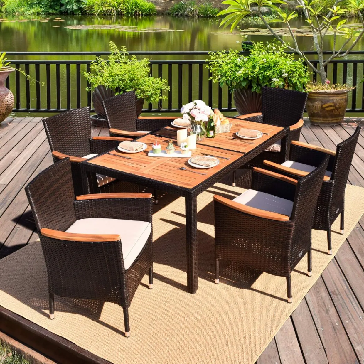 7 PCS Outdoor Patio Dining Set, Garden Dining Set w/Acacia Wood Table Top