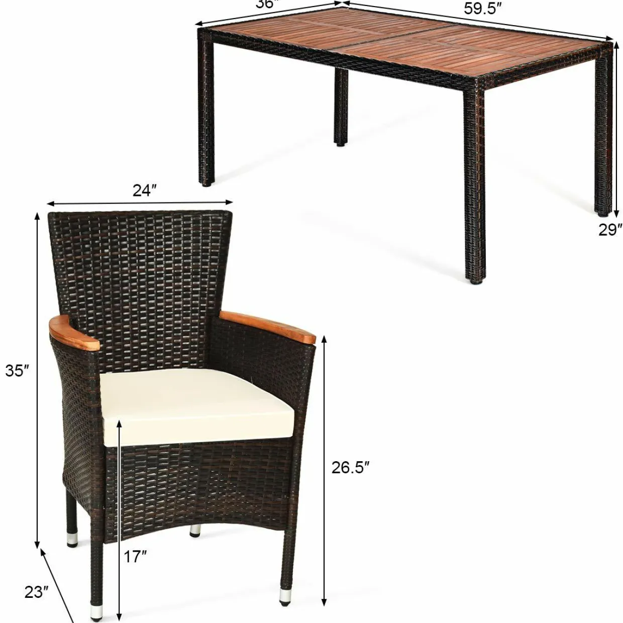 7 PCS Outdoor Patio Dining Set, Garden Dining Set w/Acacia Wood Table Top