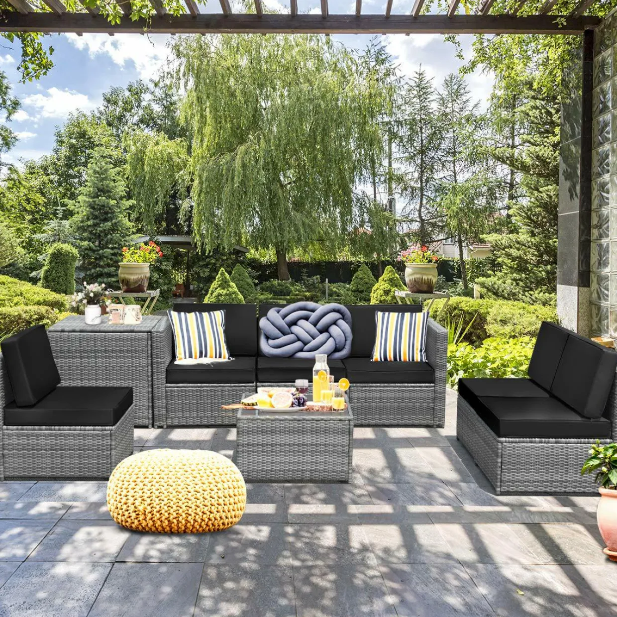 8 PCS Outdoor Patio Furniture Set, Rattan Wicker Sofa Set