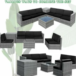 8 PCS Outdoor Patio Furniture Set, Rattan Wicker Sofa Set