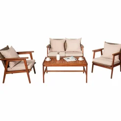 4/8PCS Patio Wood Sofa Set, Outdoor Acacia Wood Seating Chat Set with Cushions & Coffee Table