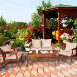 4/8PCS Patio Wood Sofa Set, Outdoor Acacia Wood Seating Chat Set with Cushions & Coffee Table