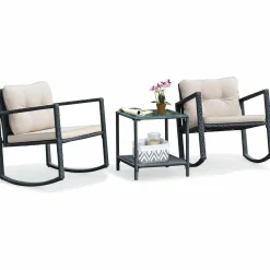 3 PCS Wicker Rocking Set, Outdoor Rocking Chairs and Table Set with Cushions