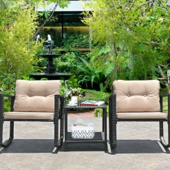 3 PCS Wicker Rocking Set, Outdoor Rocking Chairs and Table Set with Cushions