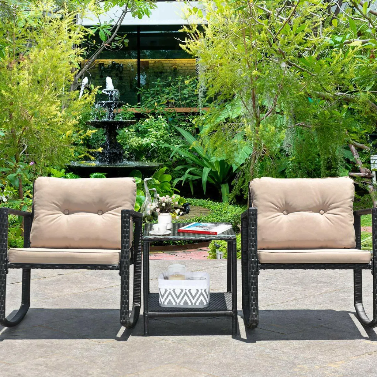 3 PCS Wicker Rocking Set, Outdoor Rocking Chairs and Table Set with Cushions