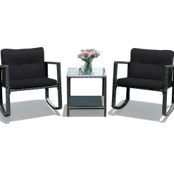 3 PCS Wicker Rocking Set, Outdoor Rocking Chairs and Table Set with Cushions