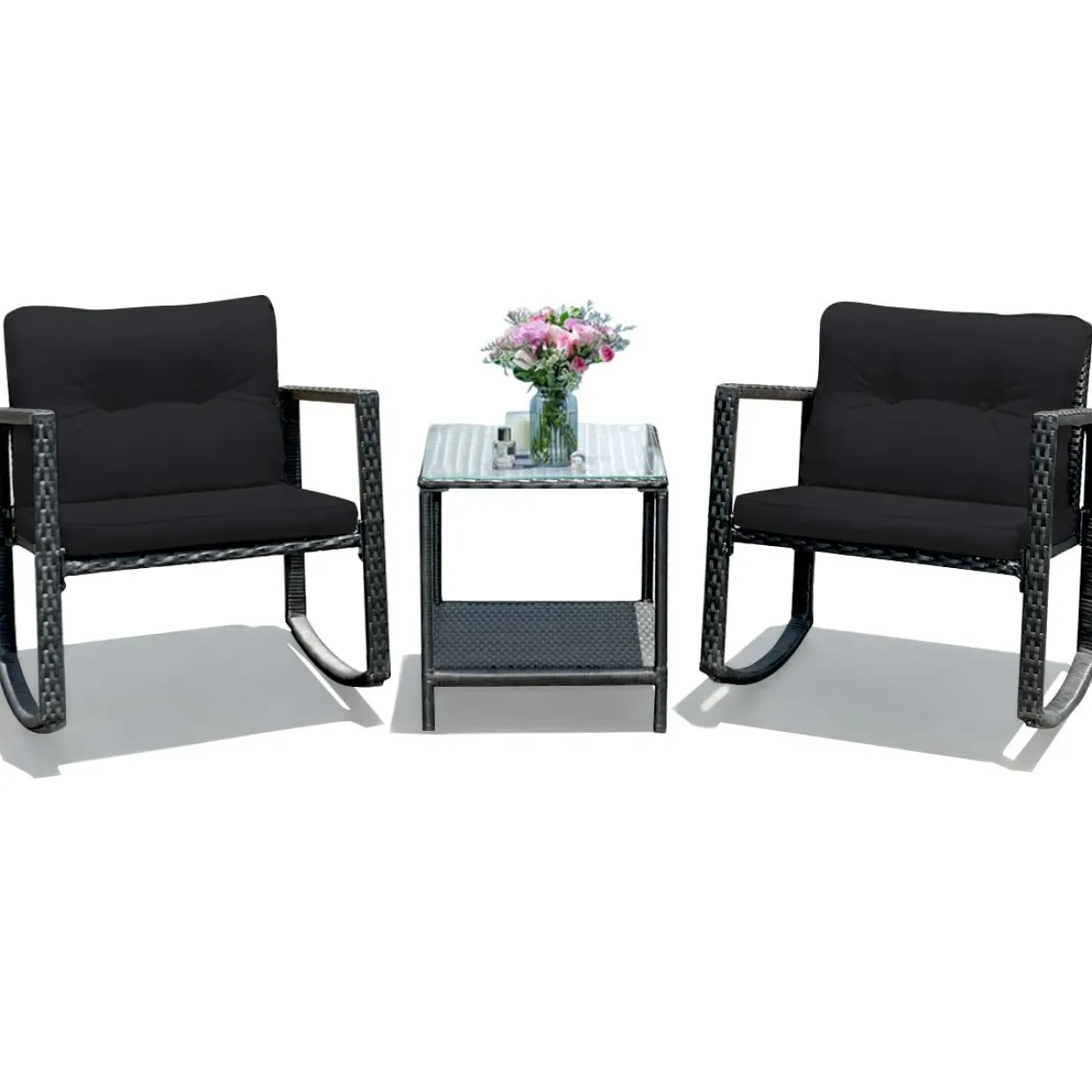 3 PCS Wicker Rocking Set, Outdoor Rocking Chairs and Table Set with Cushions