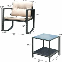 3 PCS Wicker Rocking Set, Outdoor Rocking Chairs and Table Set with Cushions