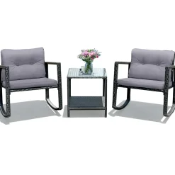 3 PCS Wicker Rocking Set, Outdoor Rocking Chairs and Table Set with Cushions