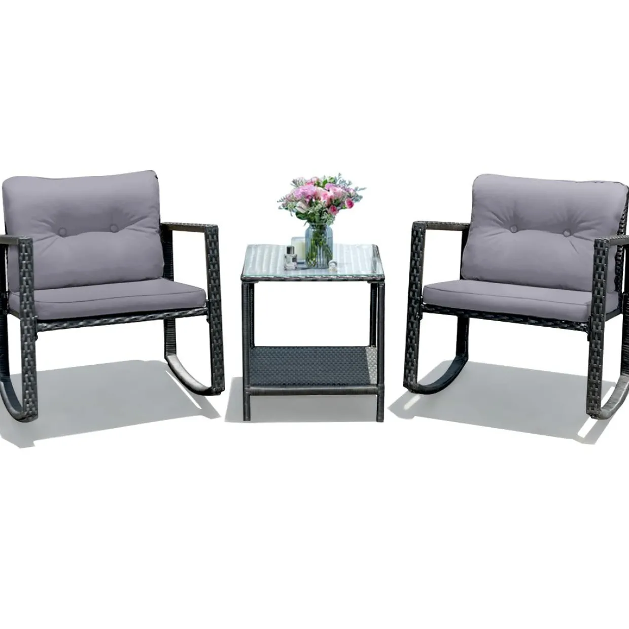 3 PCS Wicker Rocking Set, Outdoor Rocking Chairs and Table Set with Cushions