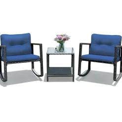 3 PCS Wicker Rocking Set, Outdoor Rocking Chairs and Table Set with Cushions