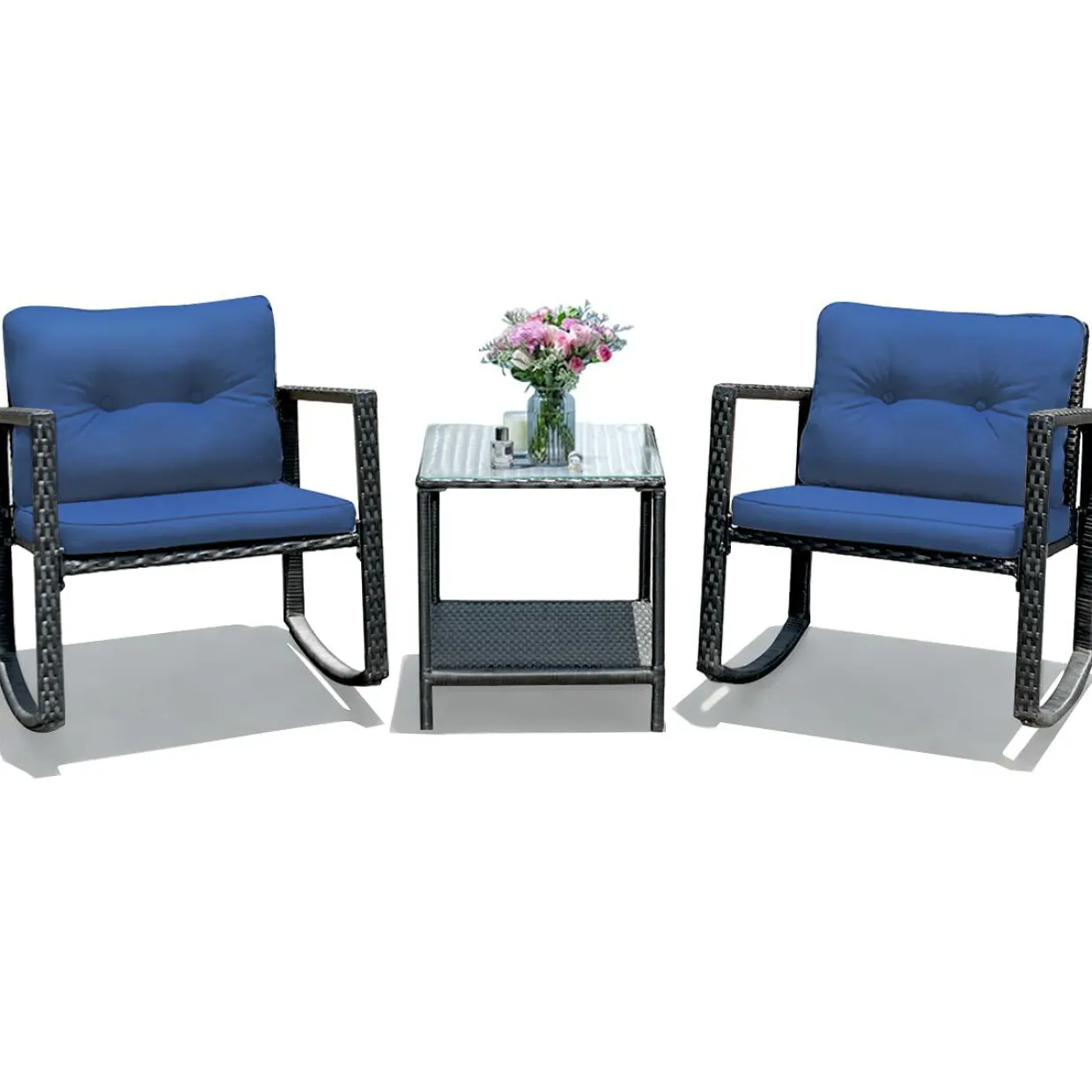 3 PCS Wicker Rocking Set, Outdoor Rocking Chairs and Table Set with Cushions