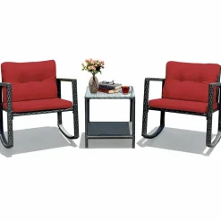 3 PCS Wicker Rocking Set, Outdoor Rocking Chairs and Table Set with Cushions