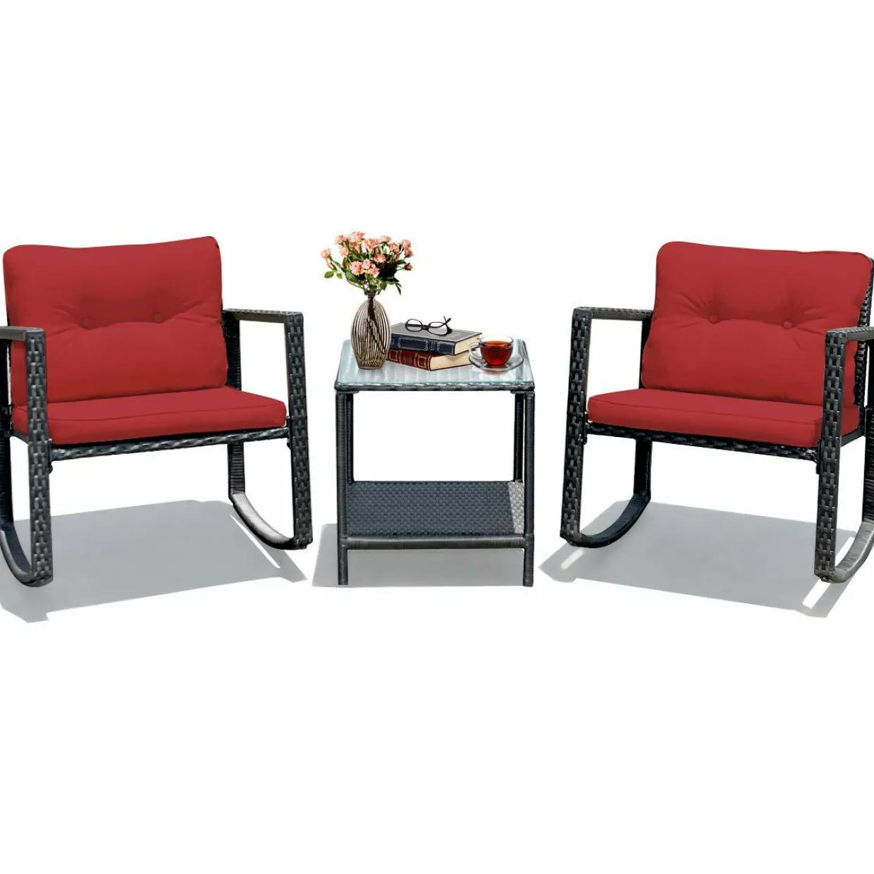 3 PCS Wicker Rocking Set, Outdoor Rocking Chairs and Table Set with Cushions