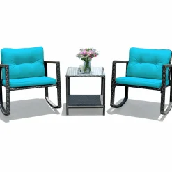 3 PCS Wicker Rocking Set, Outdoor Rocking Chairs and Table Set with Cushions
