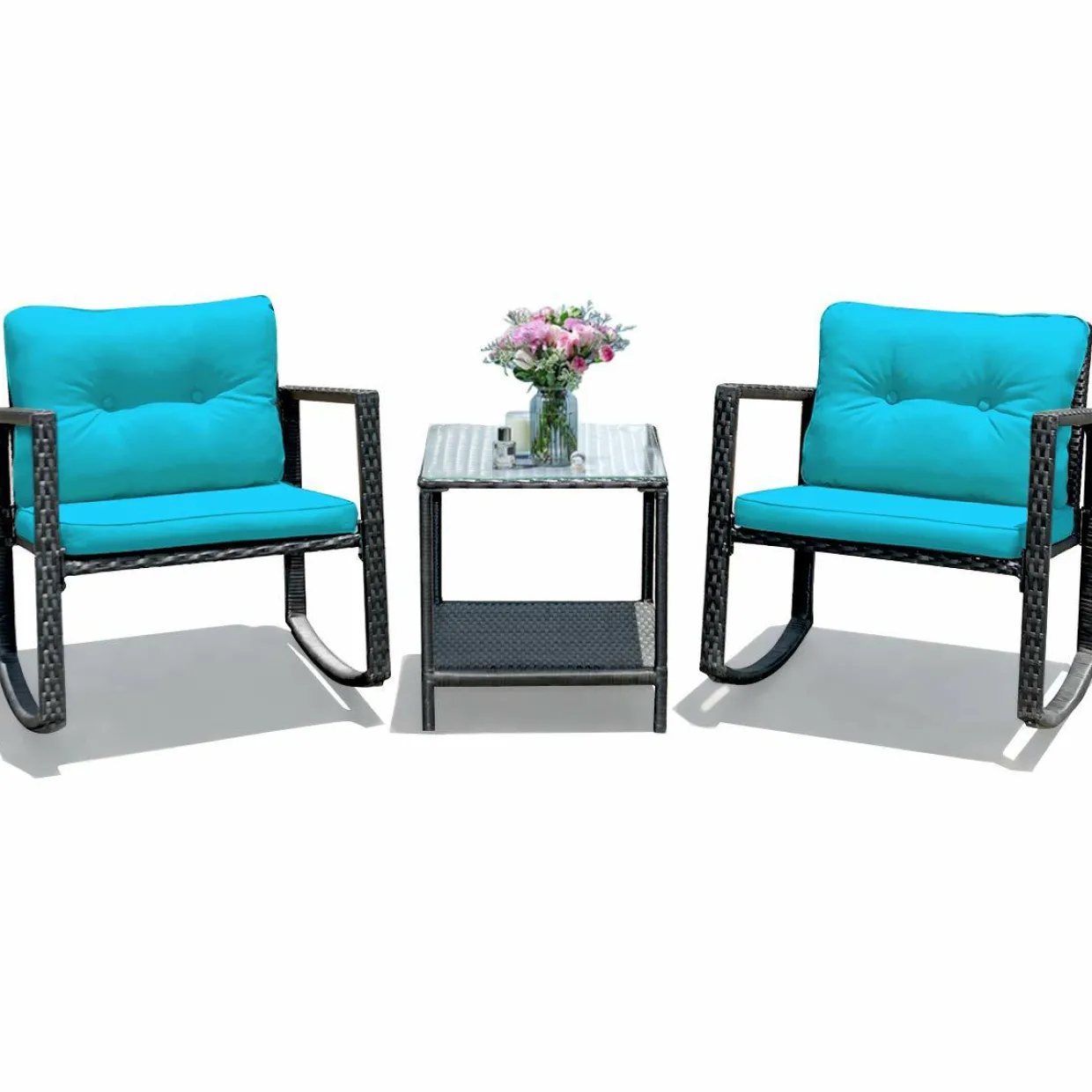 3 PCS Wicker Rocking Set, Outdoor Rocking Chairs and Table Set with Cushions