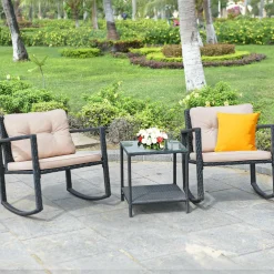 3 PCS Wicker Rocking Set, Outdoor Rocking Chairs and Table Set with Cushions