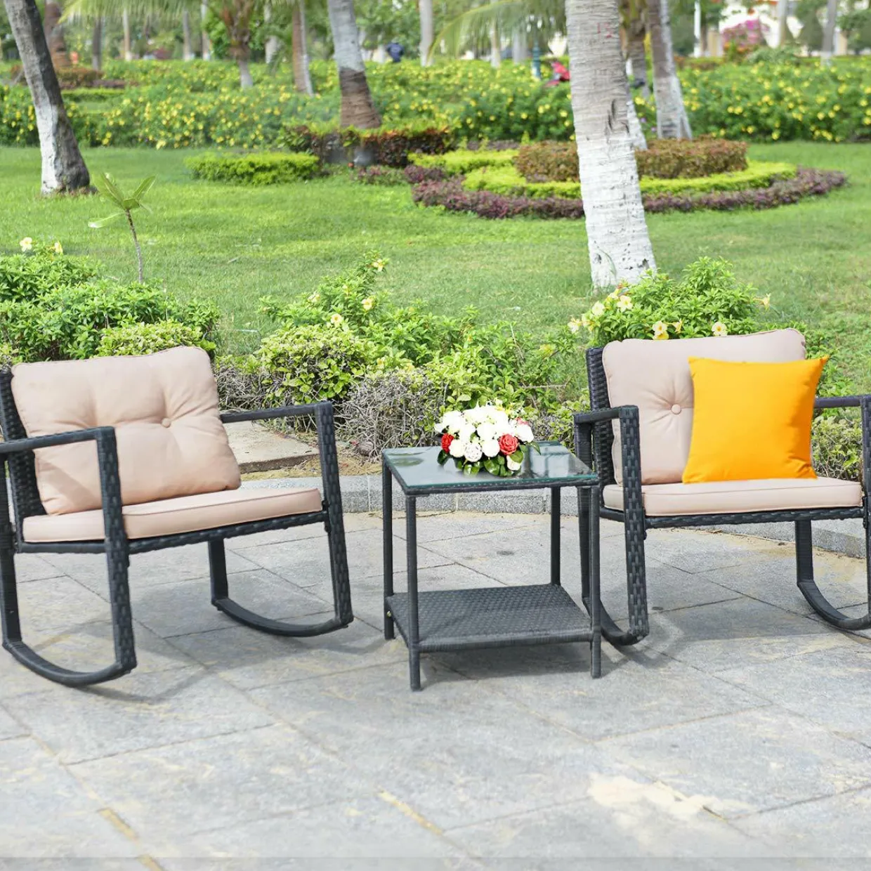 3 PCS Wicker Rocking Set, Outdoor Rocking Chairs and Table Set with Cushions