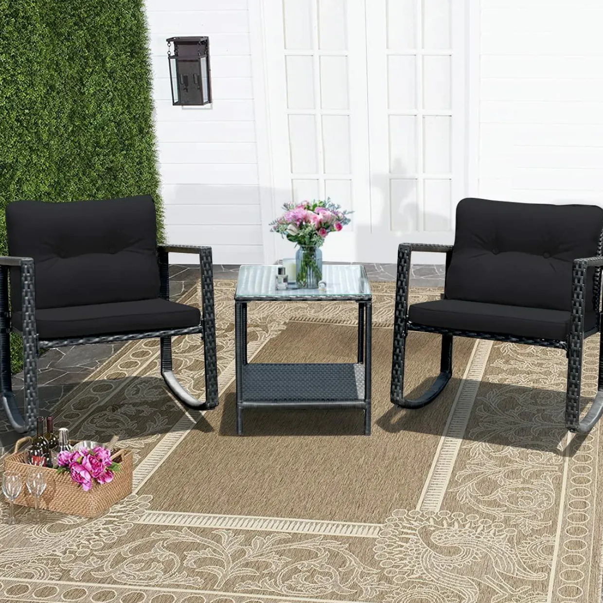 3 PCS Wicker Rocking Set, Outdoor Rocking Chairs and Table Set with Cushions