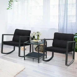 3 PCS Wicker Rocking Set, Outdoor Rocking Chairs and Table Set with Cushions