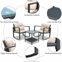3 PCS Wicker Rocking Set, Outdoor Rocking Chairs and Table Set with Cushions