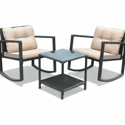 3 PCS Wicker Rocking Set, Outdoor Rocking Chairs and Table Set with Cushions