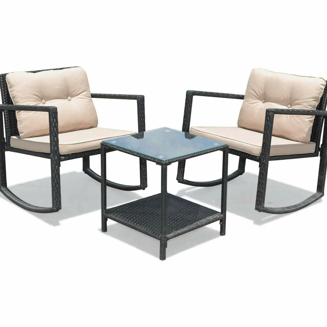 3 PCS Wicker Rocking Set, Outdoor Rocking Chairs and Table Set with Cushions