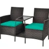 PE Wicker Outdoor Furniture Set, 2 Cushioned Seats and Tempered Glass Table