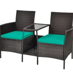 PE Wicker Outdoor Furniture Set, 2 Cushioned Seats and Tempered Glass Table