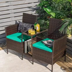 PE Wicker Outdoor Furniture Set, 2 Cushioned Seats and Tempered Glass Table