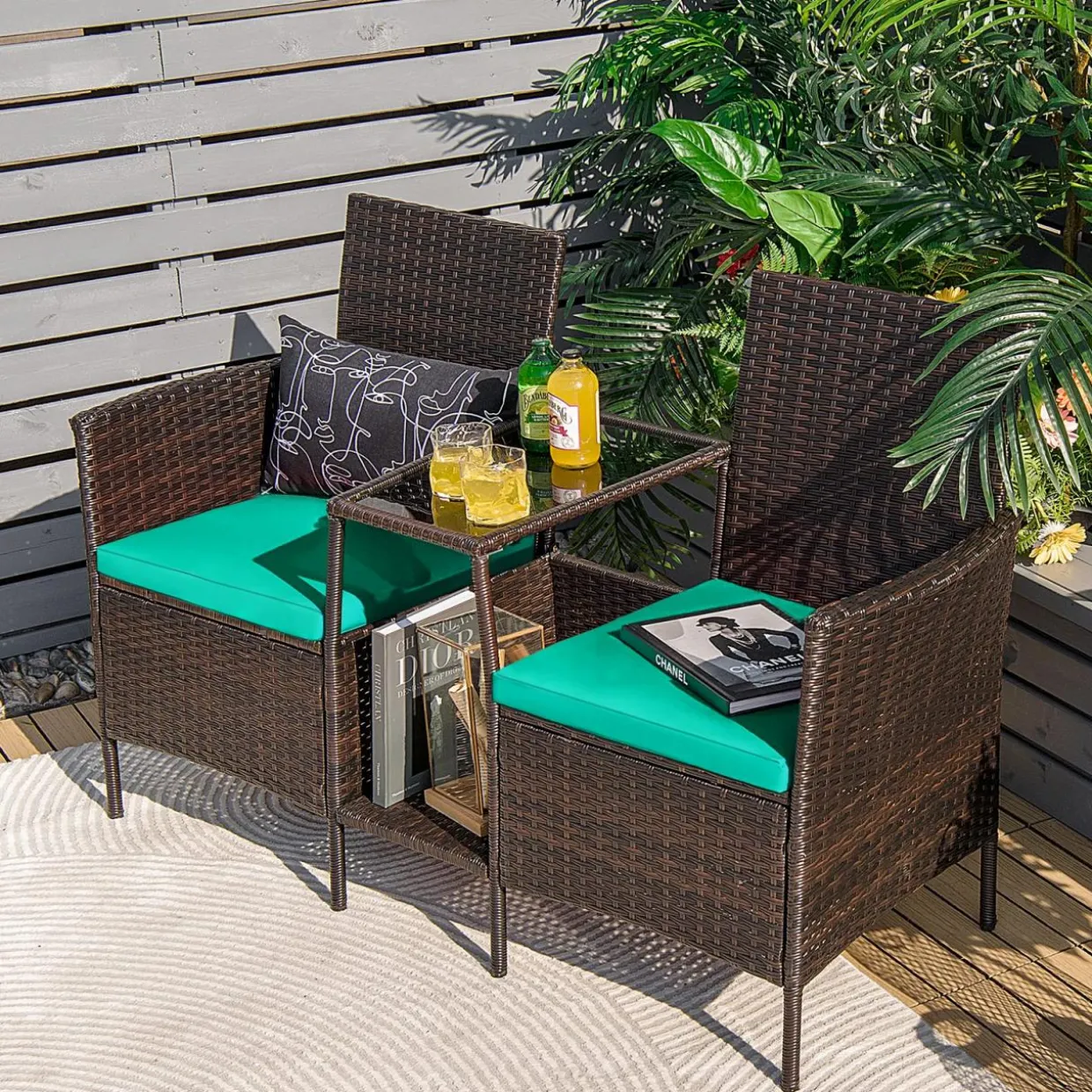 PE Wicker Outdoor Furniture Set, 2 Cushioned Seats and Tempered Glass Table