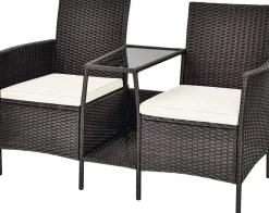 PE Wicker Outdoor Furniture Set, 2 Cushioned Seats and Tempered Glass Table