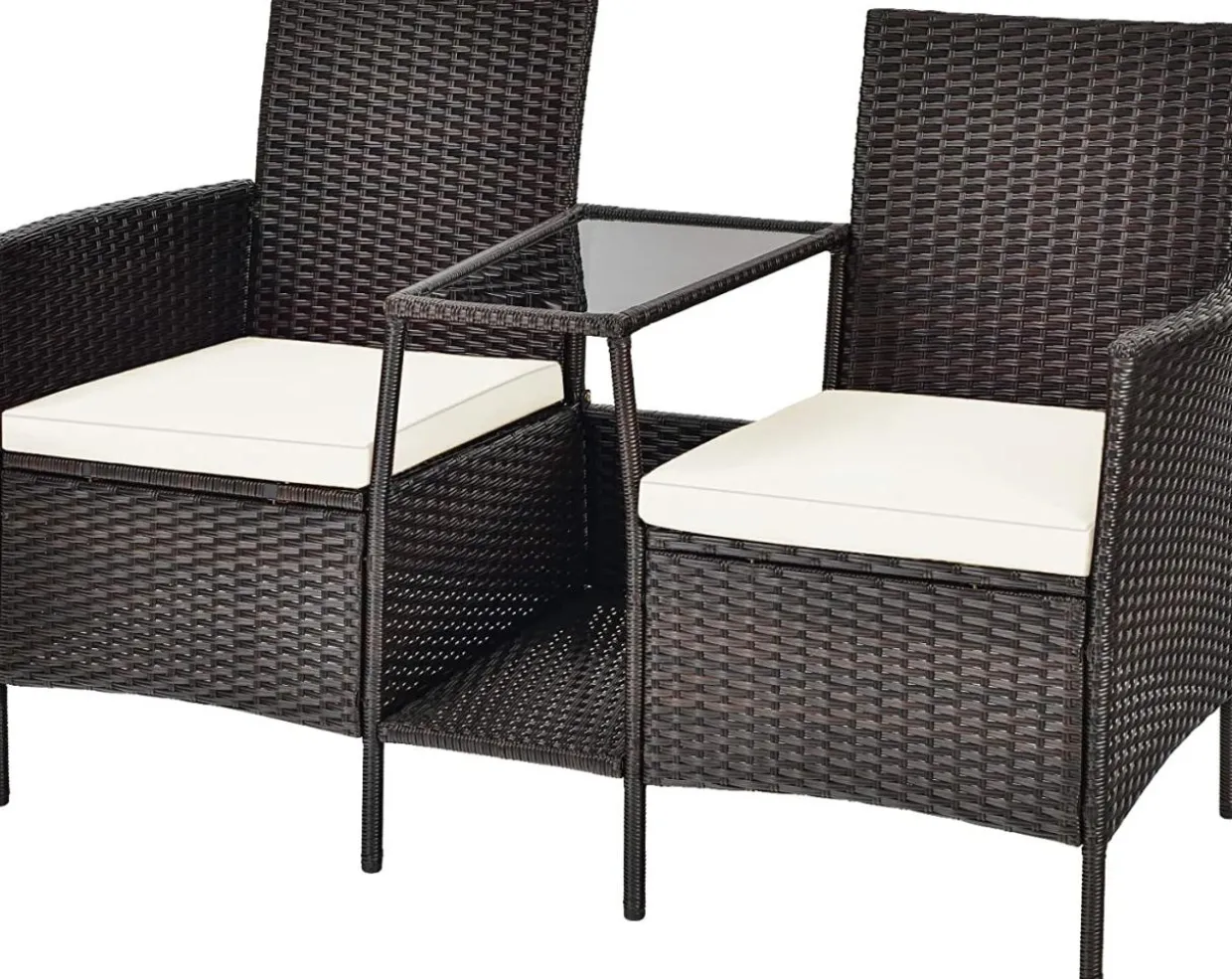 PE Wicker Outdoor Furniture Set, 2 Cushioned Seats and Tempered Glass Table
