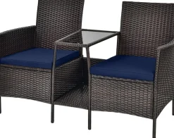 PE Wicker Outdoor Furniture Set, 2 Cushioned Seats and Tempered Glass Table