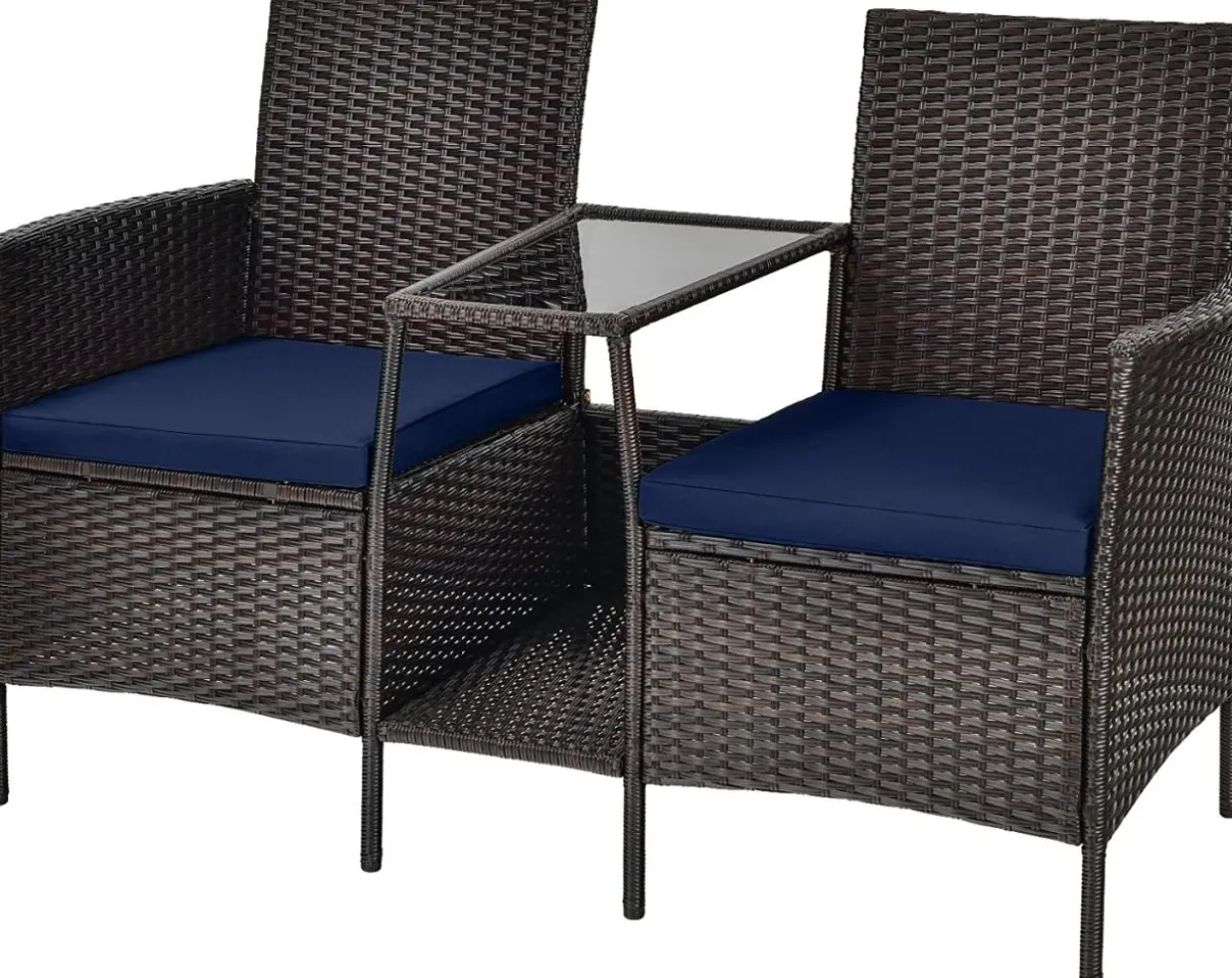 PE Wicker Outdoor Furniture Set, 2 Cushioned Seats and Tempered Glass Table