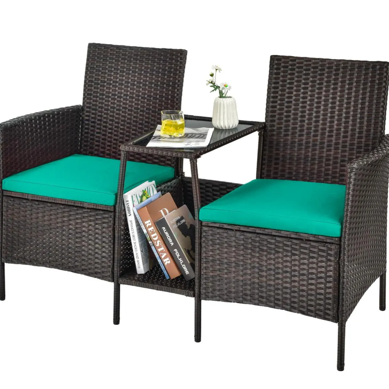 PE Wicker Outdoor Furniture Set, 2 Cushioned Seats and Tempered Glass Table