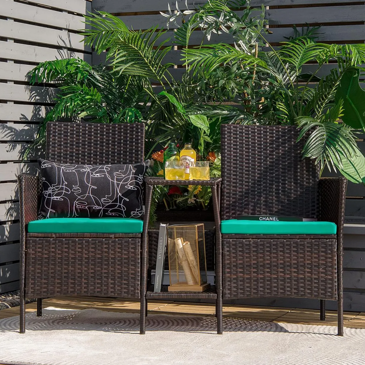 PE Wicker Outdoor Furniture Set, 2 Cushioned Seats and Tempered Glass Table