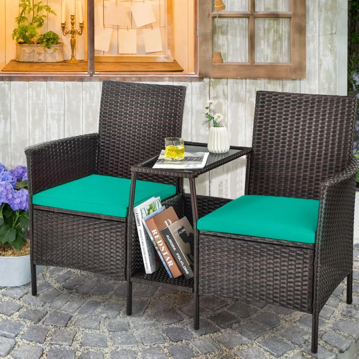 PE Wicker Outdoor Furniture Set, 2 Cushioned Seats and Tempered Glass Table
