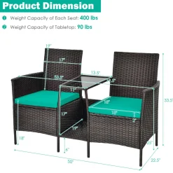 PE Wicker Outdoor Furniture Set, 2 Cushioned Seats and Tempered Glass Table