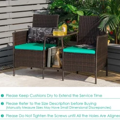 PE Wicker Outdoor Furniture Set, 2 Cushioned Seats and Tempered Glass Table