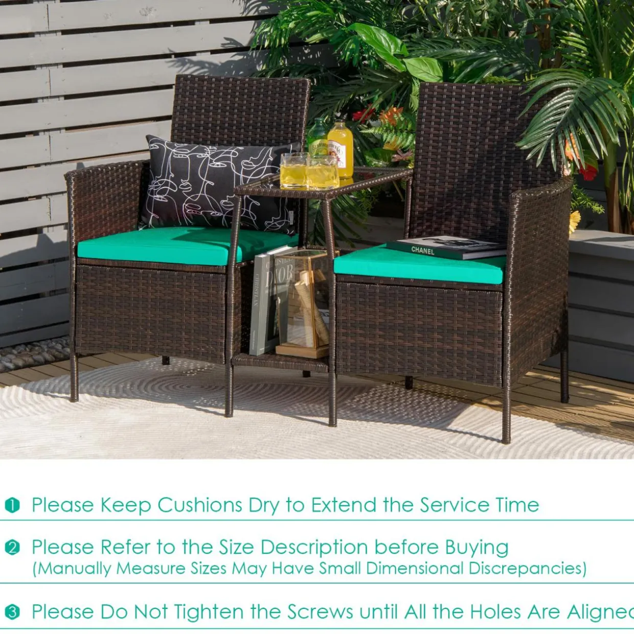 PE Wicker Outdoor Furniture Set, 2 Cushioned Seats and Tempered Glass Table