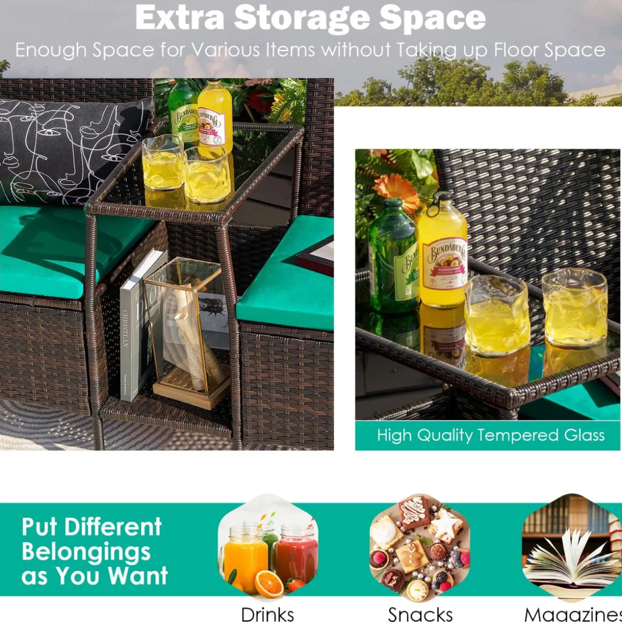 PE Wicker Outdoor Furniture Set, 2 Cushioned Seats and Tempered Glass Table