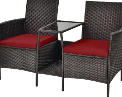 PE Wicker Outdoor Furniture Set, 2 Cushioned Seats and Tempered Glass Table